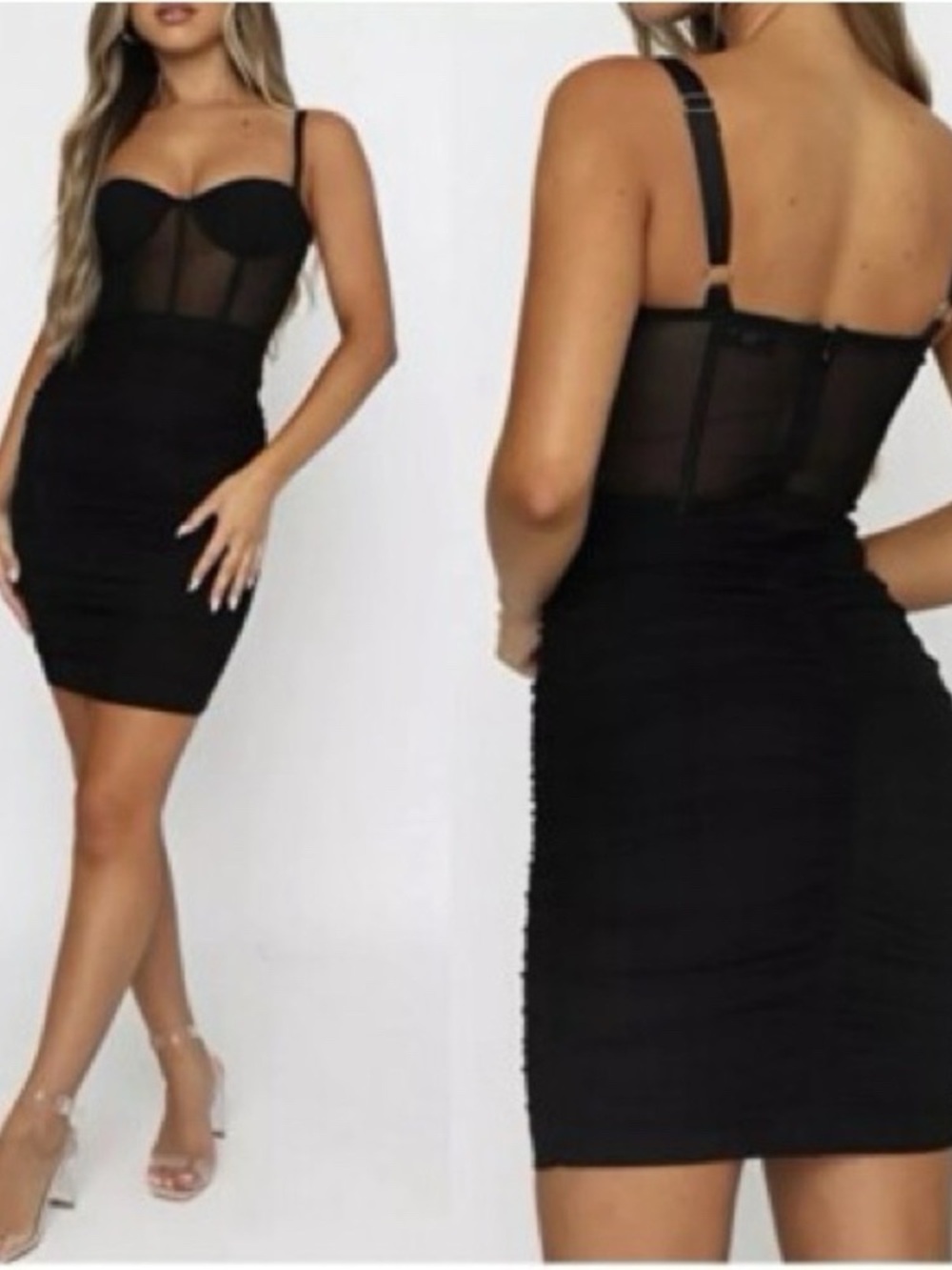 White Fox Push The Boundaries Black Corset Ruched Mesh Mini Dress L